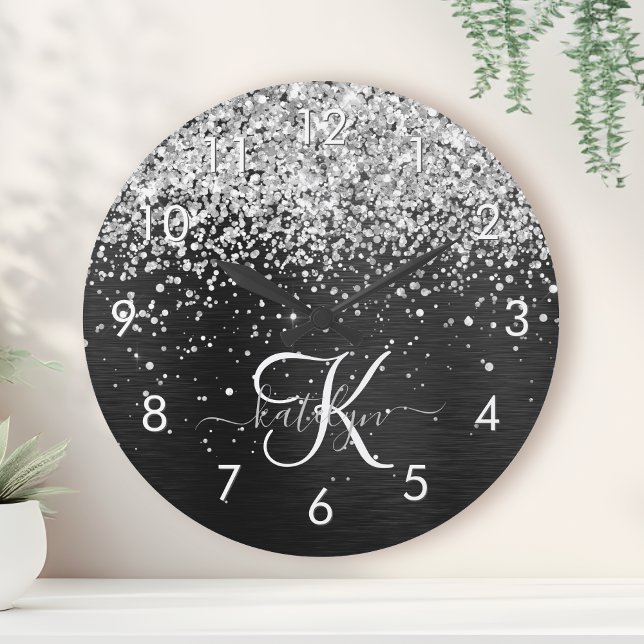 Anpassningsbar Glitter Black Gnistra Monogram Rund Klocka (Skapare uppladdad)