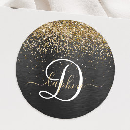 Anpassningsbar Glitter Black Gnistra Monogram Runt Klistermärke