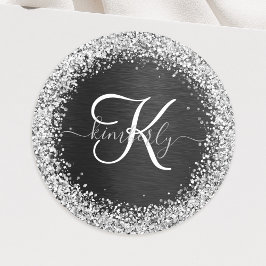 Anpassningsbar Glitter Black Gnistra Monogram Runt Klistermärke