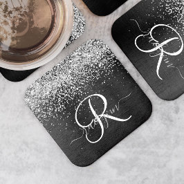 Anpassningsbar Glitter Black Gnistra Monogram Underlägg Papper Kvadrat