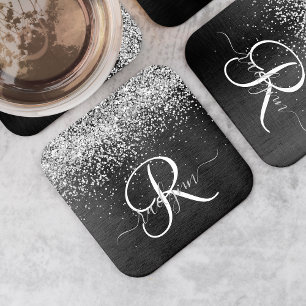 Anpassningsbar Glitter Black Gnistra Monogram Underlägg Papper Kvadrat