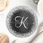 Anpassningsbar Glitter Black Gnistra Monogram Underlägg Papper Rund<br><div class="desc">Den här eleganten av trendig är enkelt att anpassa papper underlägg design med söt silver mousserande glitter på en svart,  borstad metallisk bakgrund.</div>