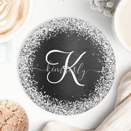 Anpassningsbar Glitter Black Gnistra Monogram Underlägg Papper Rund