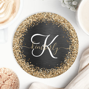 Anpassningsbar Glitter Black Gnistra Monogram Underlägg Papper Rund