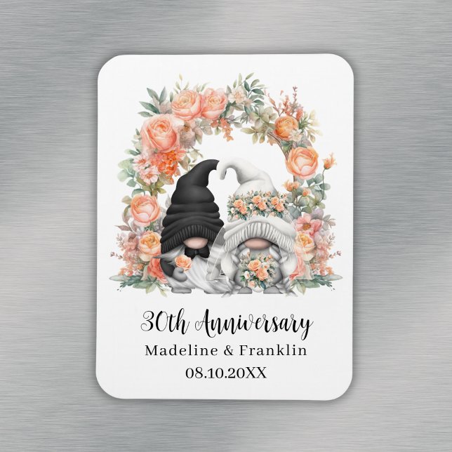 Anpassningsbar Gnome Peach-Blommigten 30:e Bröllop Magnet (Custom Gnome Peach Floral 30th Wedding Anniversary Magnet
)