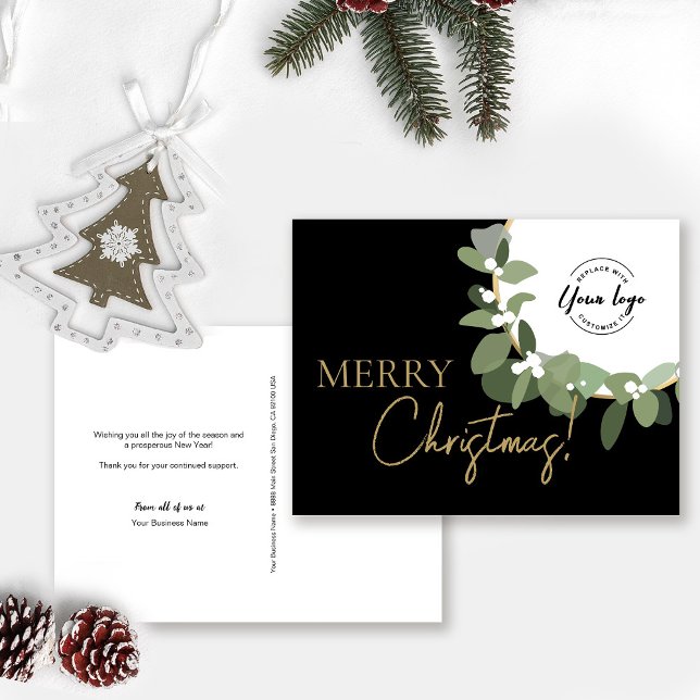 Anpassningsbar God jul Company Logotyp Guld WAN Helg Vykort (Customizable logo, message, business name, return address Holiday Corporate card.)