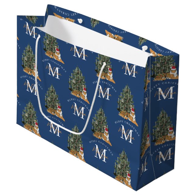 Anpassningsbar God jul Monogram Tiger & Träd Blue (Framsidan Vinklad)