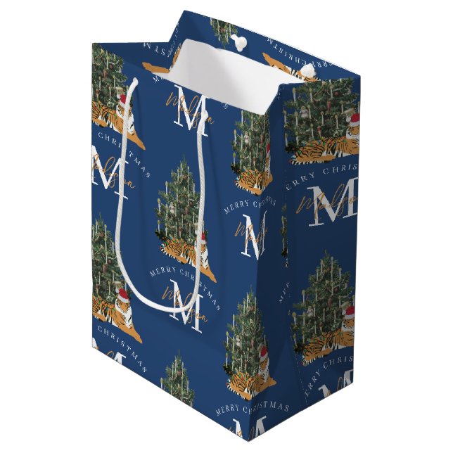 Anpassningsbar God jul Monogram Tiger & Träd Blue (Framsidan Vinklad)