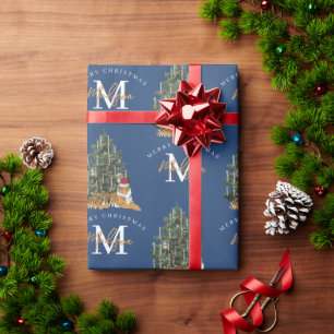 Anpassningsbar God jul Monogram Tiger & Träd Blue Presentpapper
