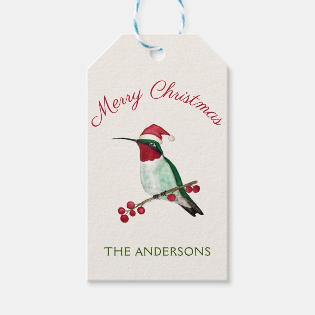 Anpassningsbar God jul Santa Hummingbird Presentetikett (Framsidan)
