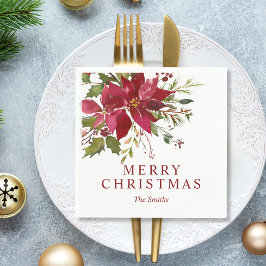 Anpassningsbar God jul Watercolor Red Poinsettias Pappersservett