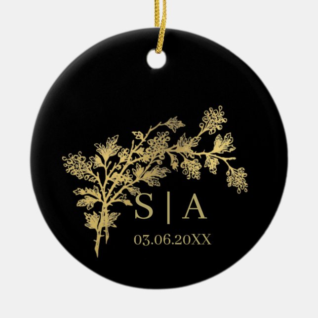 Anpassningsbar Gold Foil Luxury Botanical Monogram Julgransprydnad Keramik (Framsidan)
