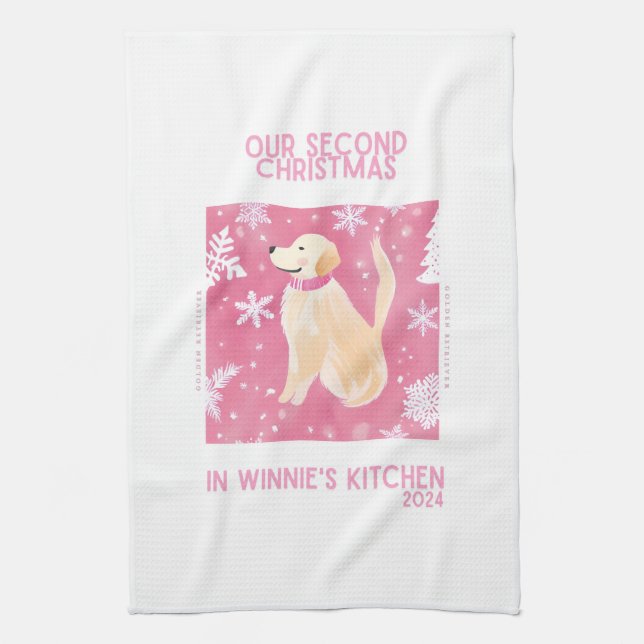 Anpassningsbar Golden Retreiver Rosa jul Tea Towel Kökshandduk (Vertikal)
