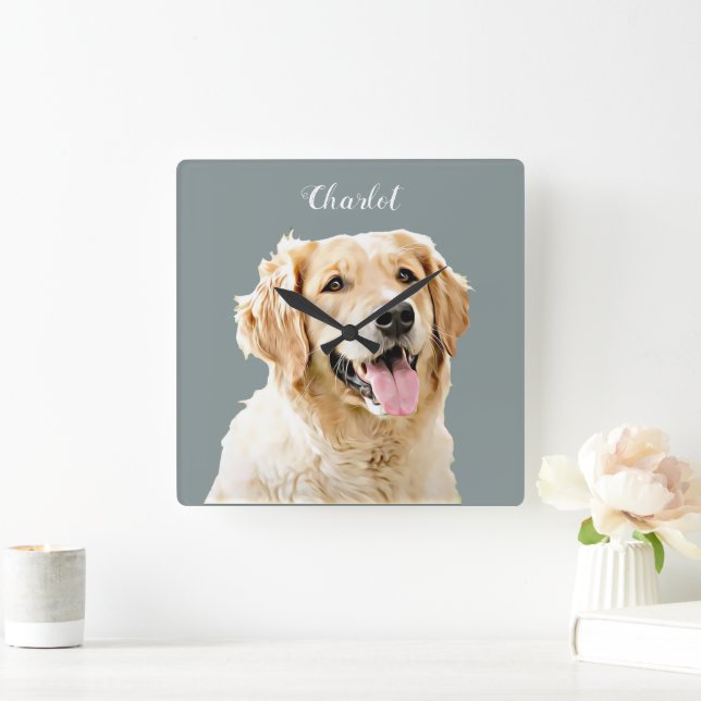 Anpassningsbar Golden Retriever Hund Personlig Rit Fyrkantig Klocka (Hem)