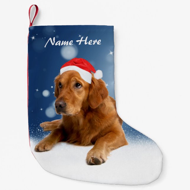 Anpassningsbar Golden Retriever Hund Snö Stars Blå Liten Julstrumpa (Framsidan)