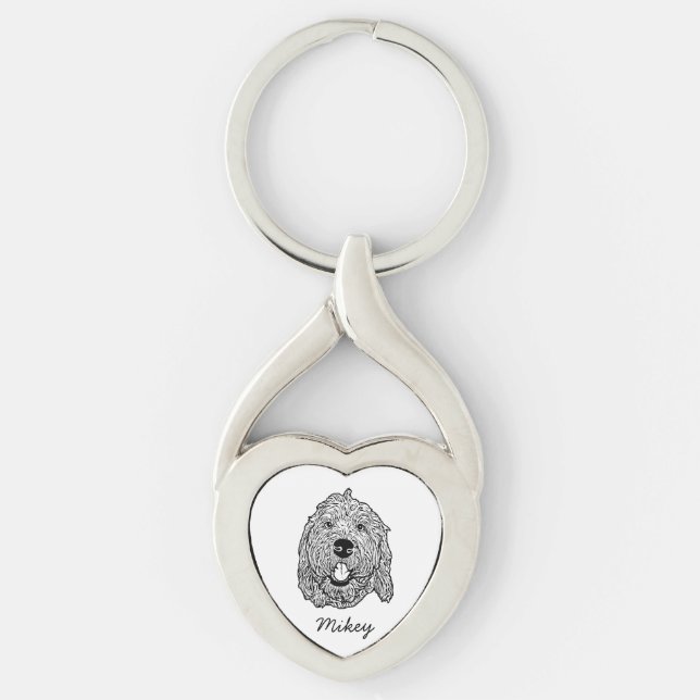 Anpassningsbar Goldendoodle Hund Personlig Tecknin Twisted Heart Silverfärgad Nyckelring (Framsidan)