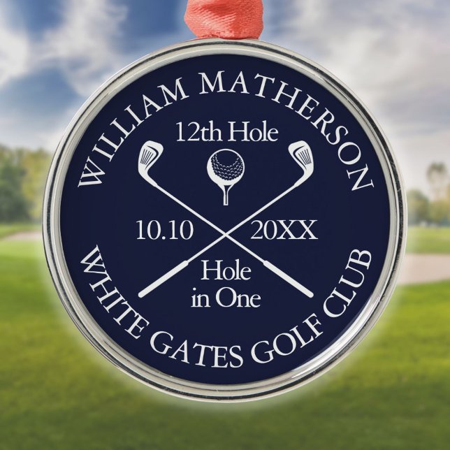 Anpassningsbar Golf Hål i One Award Navy Blue Julgransprydnad Metall (Custom Golf Hole in One Award Navy Blue Metal Ornament)