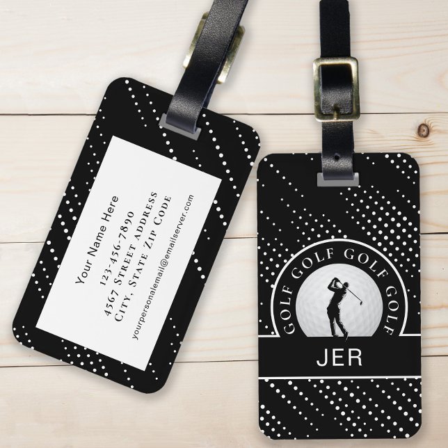 Anpassningsbar Golf Male Golfer Silhouette Black & Bagagebricka (Custom Golf Male Golfer Silhouette Black & White Luggage Tag)