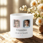 Anpassningsbar Grandma | "Du är vår favoritgåva Espressomugg<br><div class="desc">Lite kopp med mycket kärlek! Den här personligen espresso mugg har två framtagna barnbarnfoton med det älskande meddelandet: "Morma, du är vår favorit". Kompakt och söt, det är perfekt för morgonespresso, visning eller presenting på Mor's Day, födelsedagar eller morföräldrars dag. En vacker och tankfull keepist hon kommer att nå om...</div>