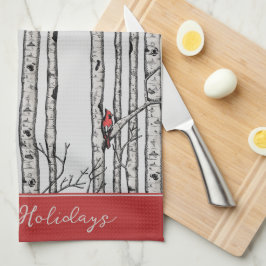 Anpassningsbar Grått Birch Träd och Red Kardinal B Kökshandduk