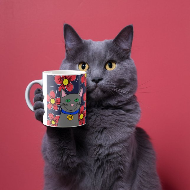 anpassningsbar grått-katt med blommor anpassar den kaffemugg (Skapare uppladdad)