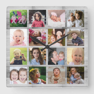 Anpassningsbar Grått Wood 16 Square Family Photo C Fyrkantig Klocka