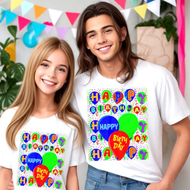Anpassningsbar grattis på födelsedagen-ballonger t shirt (Happy birthday t-shirt, multicolor balloons and happy birthday typography on festive background.)