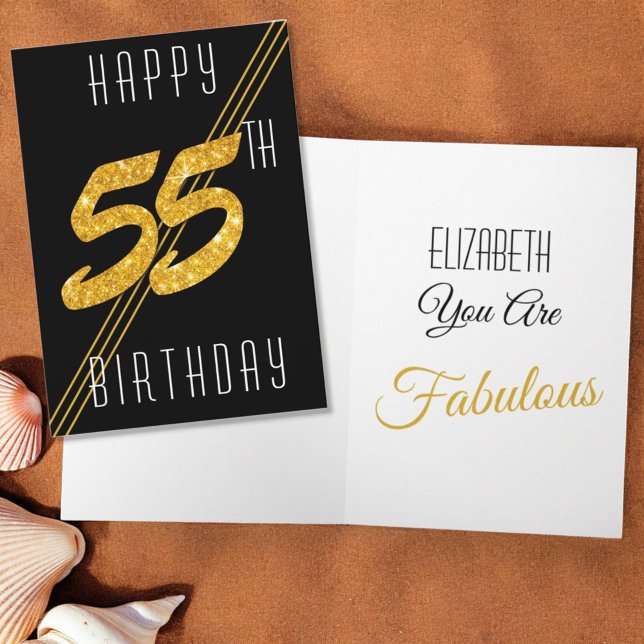 Anpassningsbar Grattis på födelsedagen Guld Glitte Kort (55th birthday folding card cover and inside template greeting)