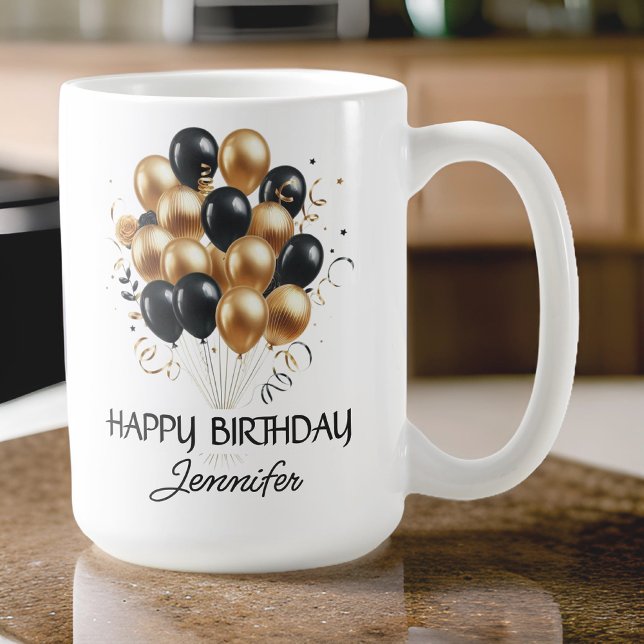 Anpassningsbar Grattis på födelsedagen Mugg, gåva  Kaffemugg (happy birthday mug, black and gold balloons mug, custom name mug, personalized birthday gift,)