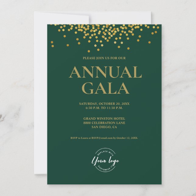 Anpassningsbar grönt Guld confietti logotyp Gala c Inbjudningar (Framsida)
