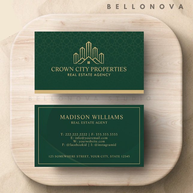 Anpassningsbar Grönt och Guld Mönster Gods Agent Visitkort (Custom Green And Gold Pattern Real Estate Agent Business Card)