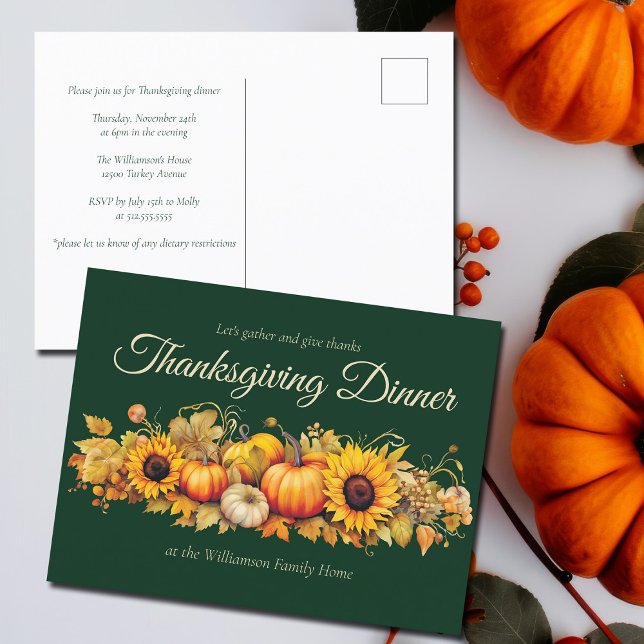 Anpassningsbar Grönt Thanksgiving Dinner Party Pum Inbjudan Vykort (Skapare uppladdad)
