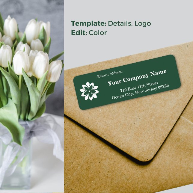 Anpassningsbar Grönt & White Florist Shop-Returadr Returadress Etikett (Custom Green & White Florist Shop Return Address Label, White Blossom Logo)