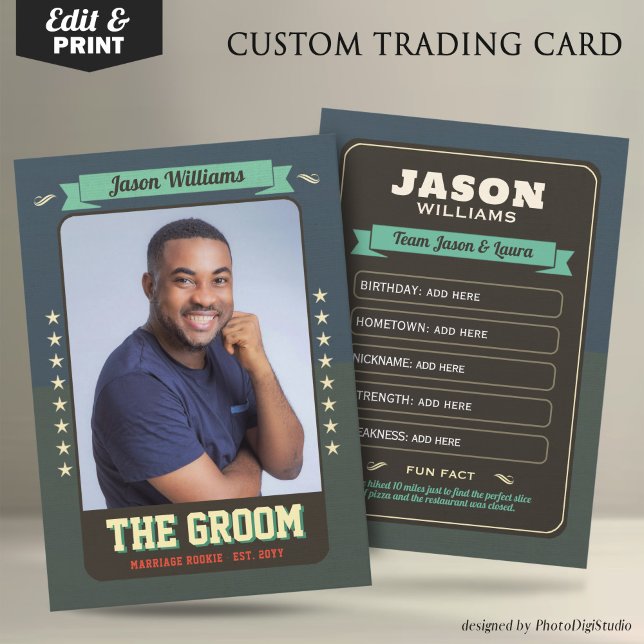 Anpassningsbar Groom Trading Cars, Roligt Wedor Fa (Custom Wedding Trading Cards, Retro Groom Card)