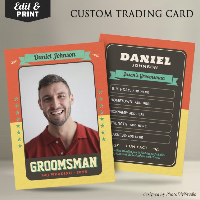 Anpassningsbar Groomsman Trading Card, Roligt Best (Custom Wedding Trading Cards, Retro Groomsmen Card
)