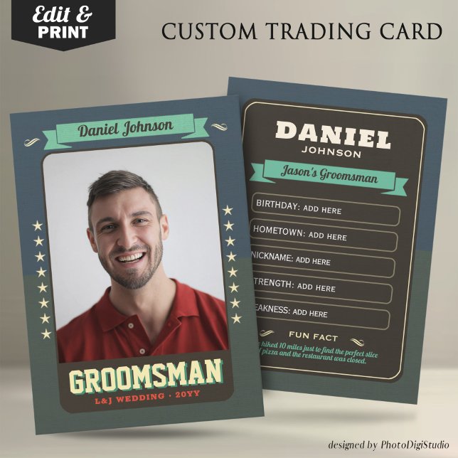 Anpassningsbar Groomsman Trading Cards, Roligt Bes (Custom Wedding Trading Cards, Retro Groomsmen Card
)