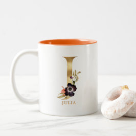 Anpassningsbar Guld Alphabet J Monogram | Blommigt Två-Tonad Mugg