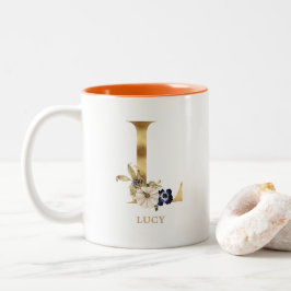 Anpassningsbar Guld Alphabet L Monogram | Blommigt Två-Tonad Mugg
