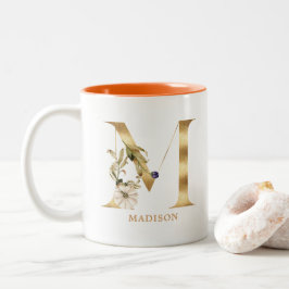 Anpassningsbar Guld Alphabet M Monogram | Blommigt Två-Tonad Mugg