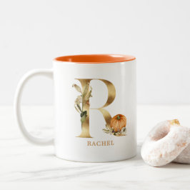 Anpassningsbar Guld Alphabet R Monogram | Blommigt Två-Tonad Mugg