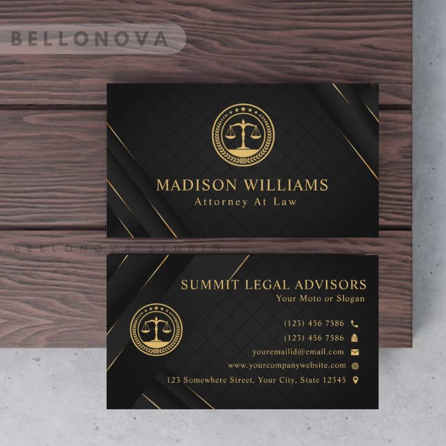 Anpassningsbar Guld Black Classic Monogram Law Off Visitkort (Custom Gold Black Classic Monogram Law Office Business Card)