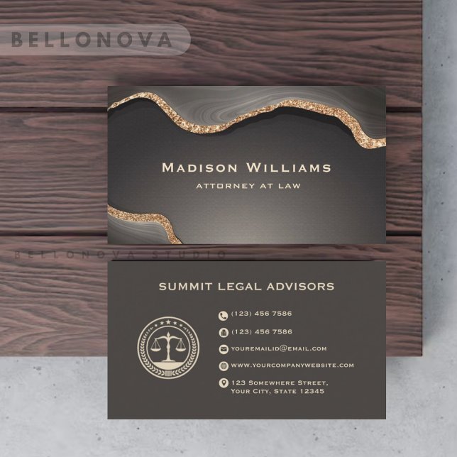 Anpassningsbar Guld Black Grått Marble Monogram La Visitkort (Custom Gold Black Grey Marble Monogram Law Office Business Card)