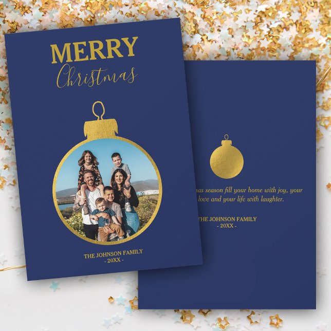 Anpassningsbar Guld Blue Photo Ornaments jul Julkort (Custom Gold Blue Photo Ornaments Christmas Holiday Card)