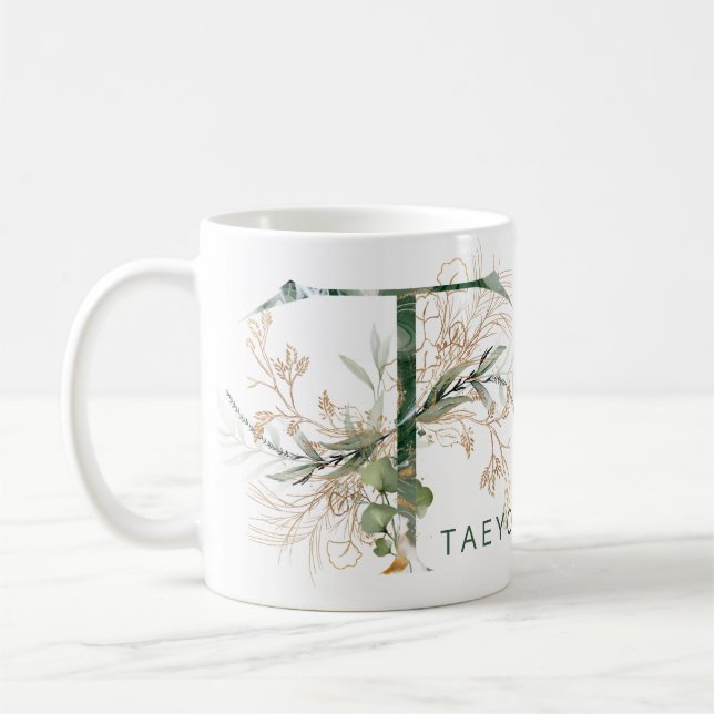 Anpassningsbar Guld Botanical Eucalyptus Monogram  Kaffemugg (Vänster)