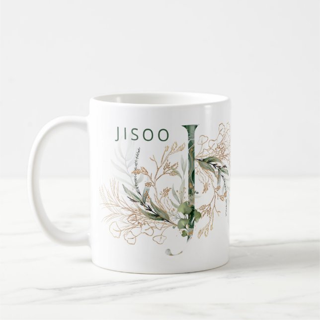 Anpassningsbar Guld Botanical Eucalyptus Monogram  Kaffemugg (Vänster)