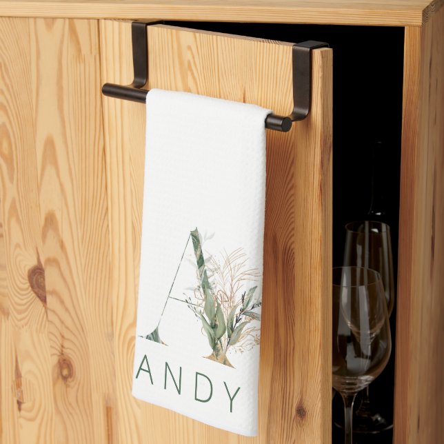 Anpassningsbar Guld botaniska Eucalyptus Monogram Kökshandduk (Thirds Fold)