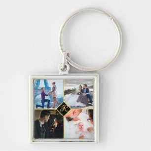 Anpassningsbar Guld Chic, 4 Family Photo Collage M Fyrkantig Silverfärgad Nyckelring