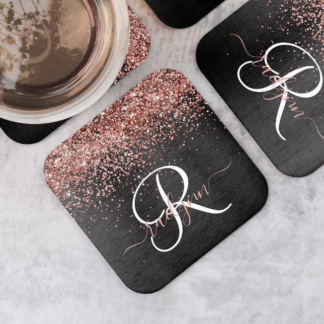 Anpassningsbar Guld Glitter Svarta Gnistran Monogr Underlägg Papper Kvadrat (Skapare uppladdad)