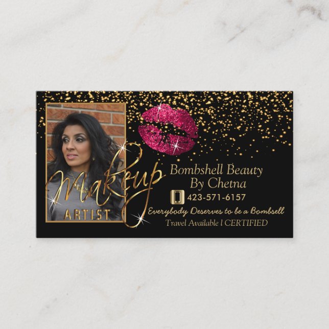 Anpassningsbar - Guld-konfetti & Shock rosa Visitkort (Framsida)