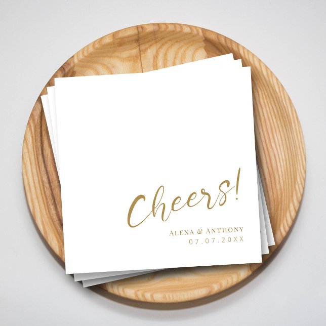 Anpassningsbar Guld & White Bröllop Napkins - Chee Pappersservett (Cheers to Love and Happiness  Modern Gold Wedding Napkins)
